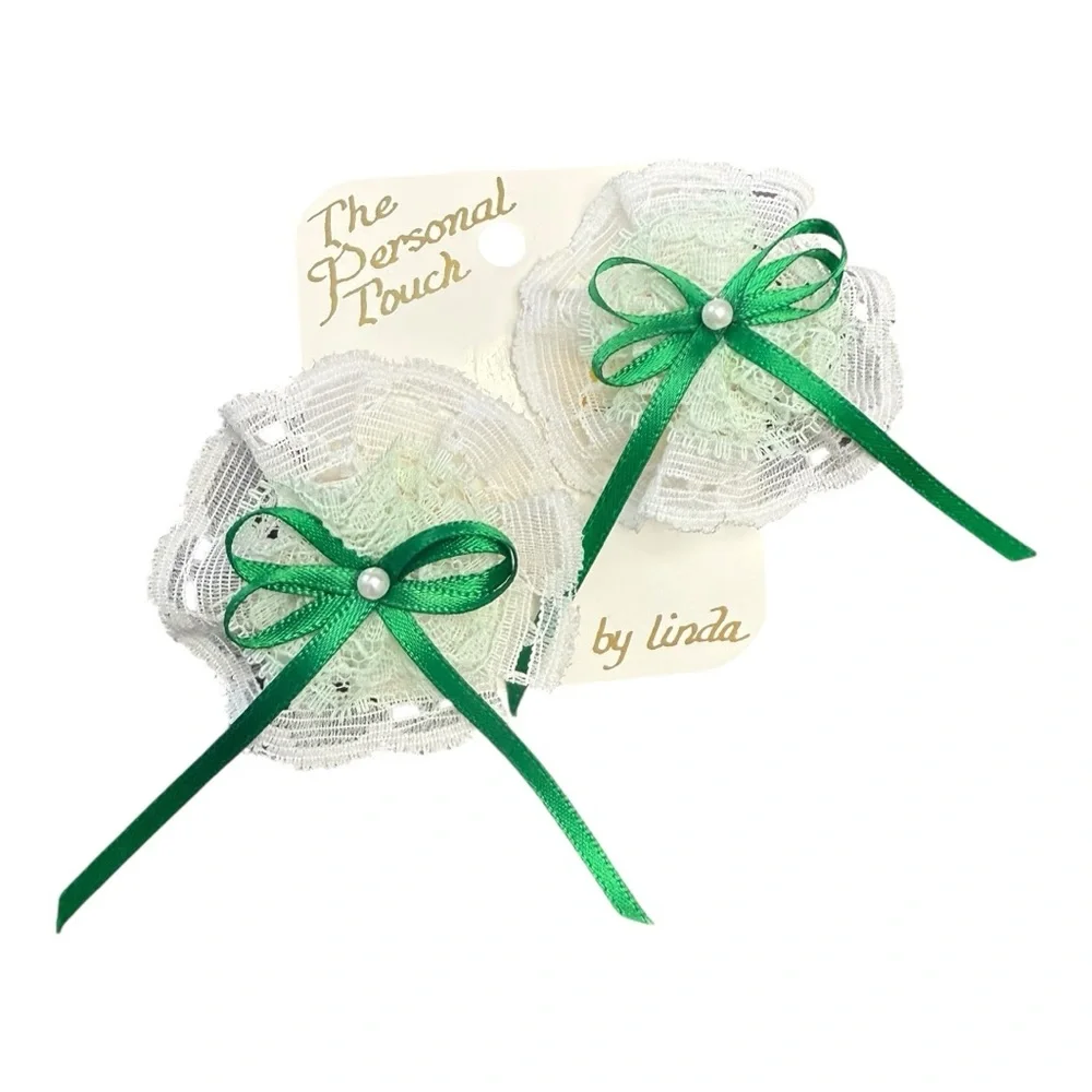 Vintage 80s Lace Hair Barrettes – Green & White Rosettes w/ Bows (NOS)